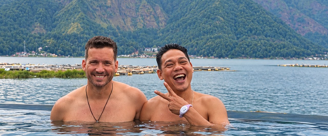 Zwei lachende Badegäste im warmen Wasser einer heißen Quelle am Batur-See, im Hintergrund der wolkenverhangene Mount Batur