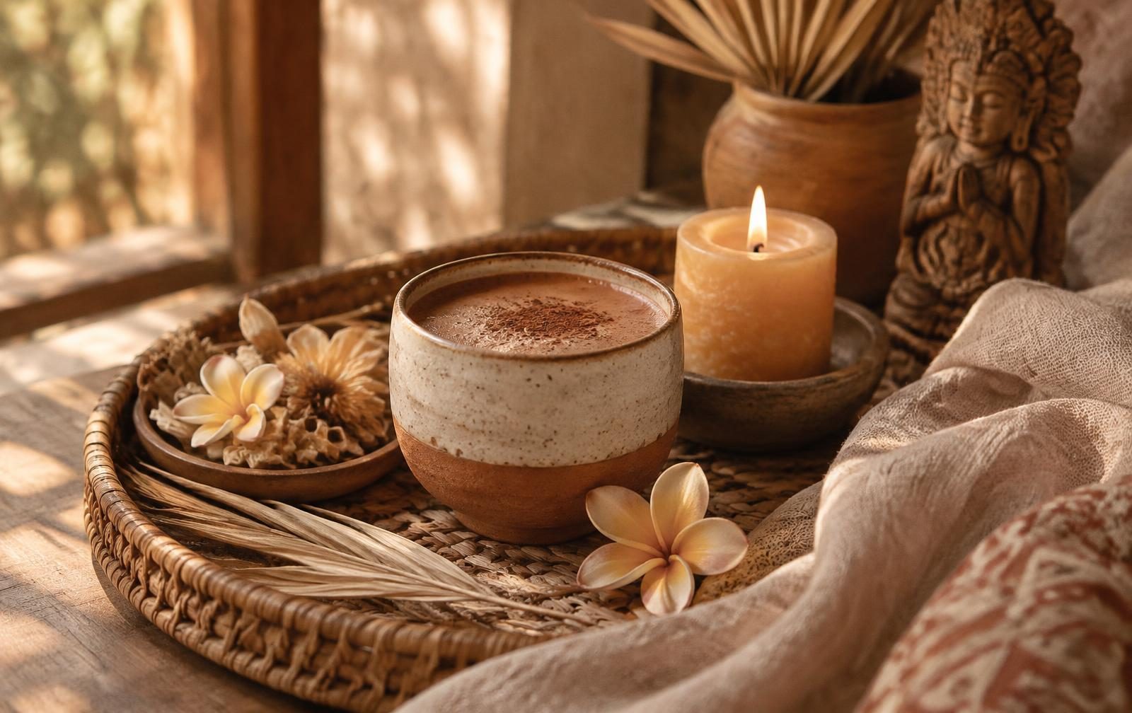 Keramiktasse mit Kakao auf einem Rattan-Tablett, dazu Blüten und eine brennende Kerze